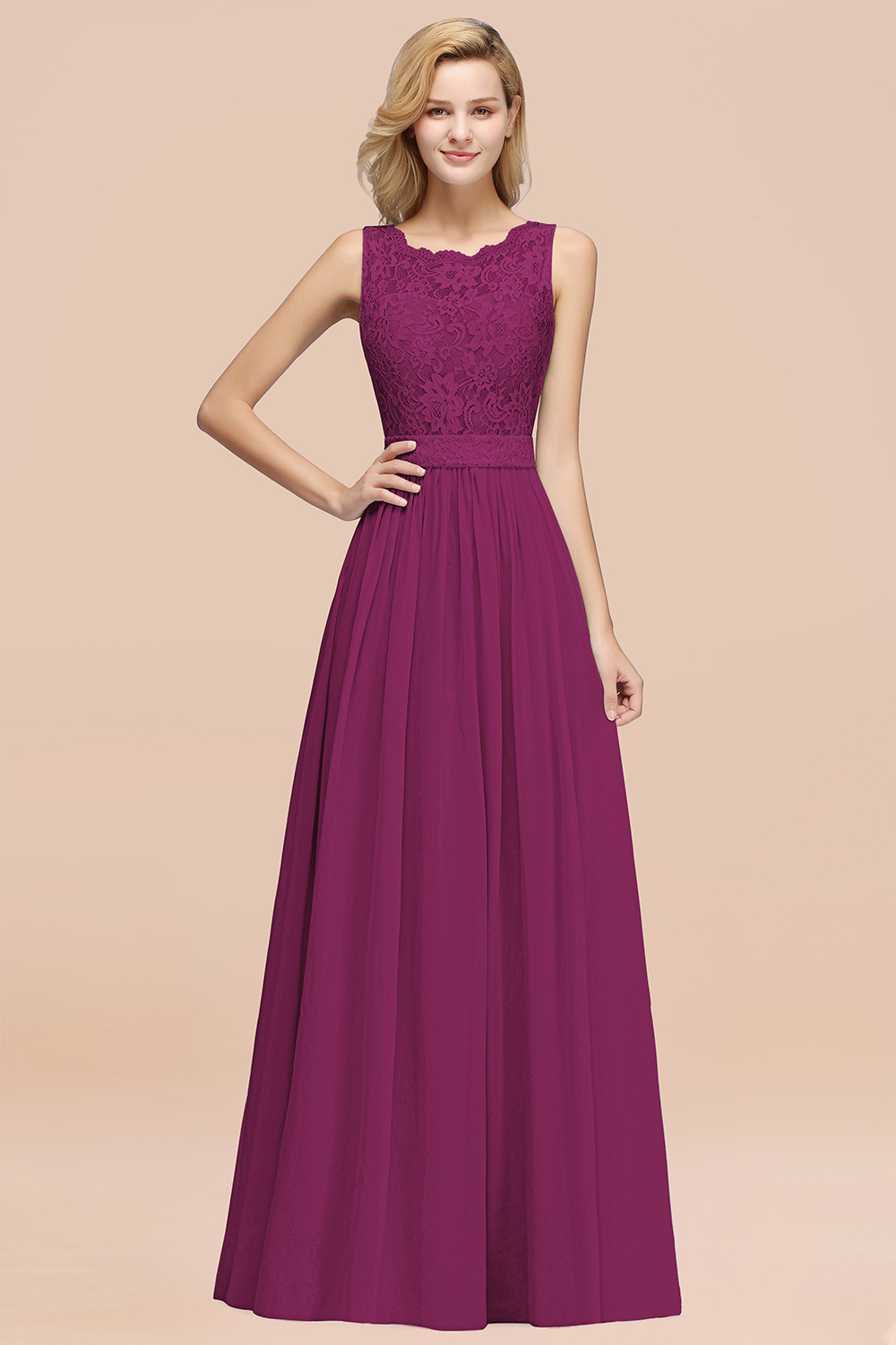 BMbridal Elegant Chiffon Lace Scalloped Sleeveless Ruffle Bridesmaid Dresses-BMbridal