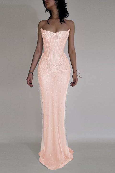 Strapless Sleeveless Mermaid Long Prom Dress With Beading Tulle