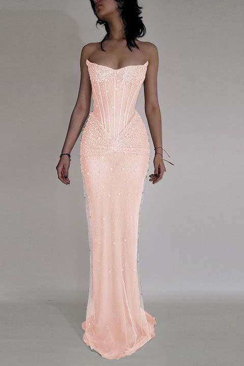 Strapless Sleeveless Mermaid Long Prom Dress With Beading Tulle