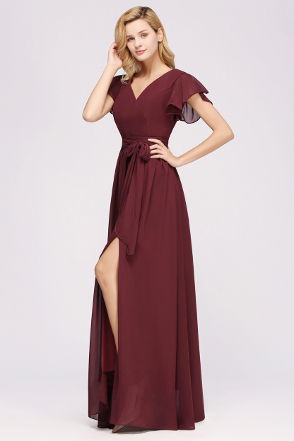 BMbridal Burgundy V-Neck Long Bridesmaid Dress With Short-Sleeves-BMbridal