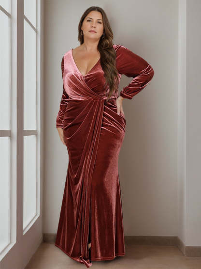 Velvet Mother of the Bride A-Line Dress with V-Neck and Ruffles Floor-Length Long Sleeves