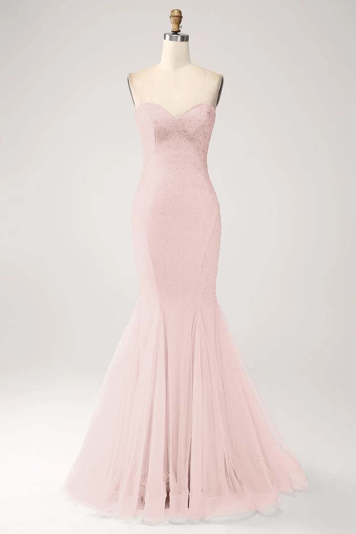 Strapless Sleeveless Long Mermaid Prom Dress With Beading Tulle