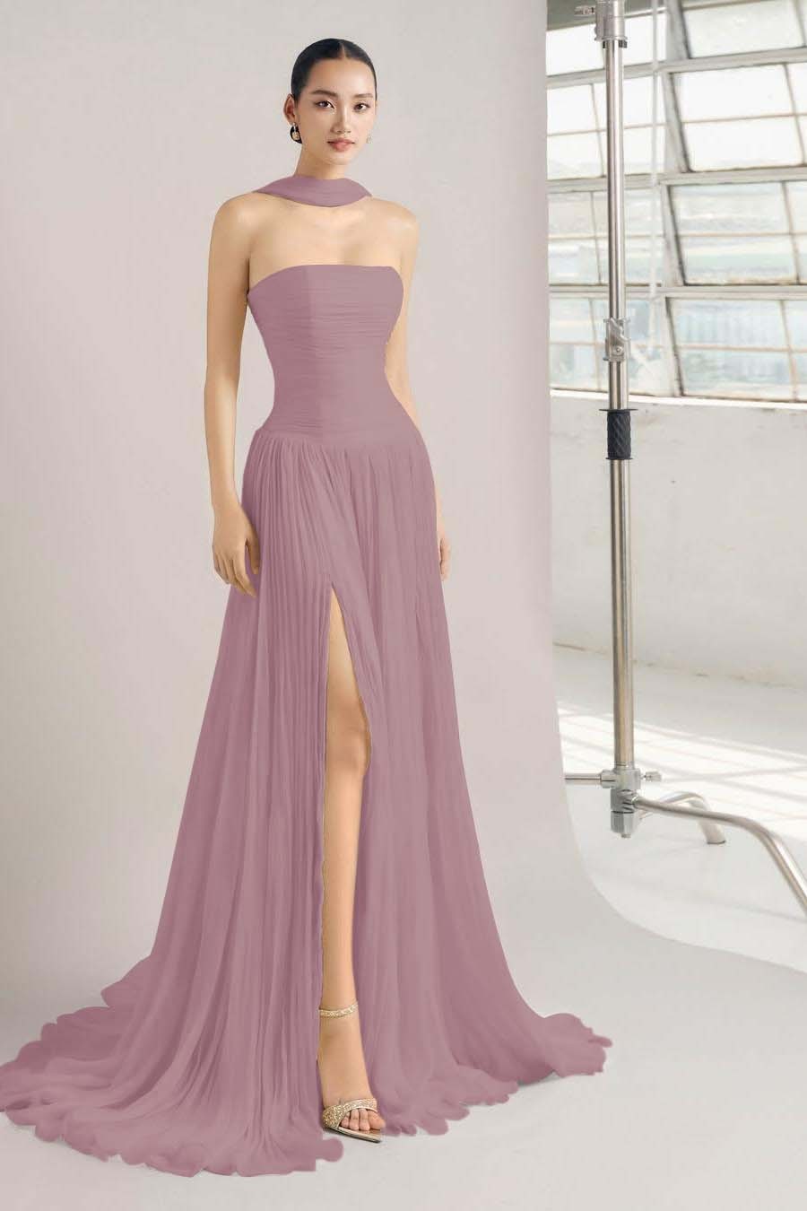 Strapless Sleeveless Long Split Prom Dress With Pleated Ruffles