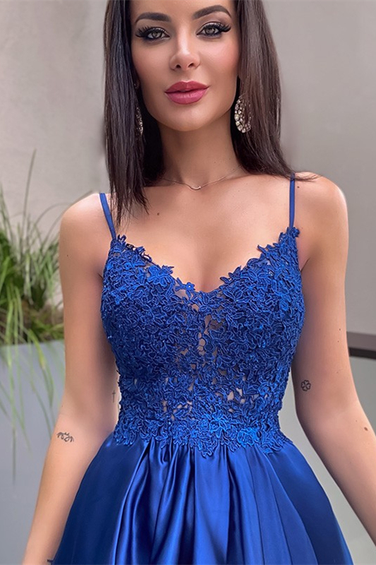 Royal Blue Sleeveless Lace A Line Long Prom Dress Appliques With Pockets