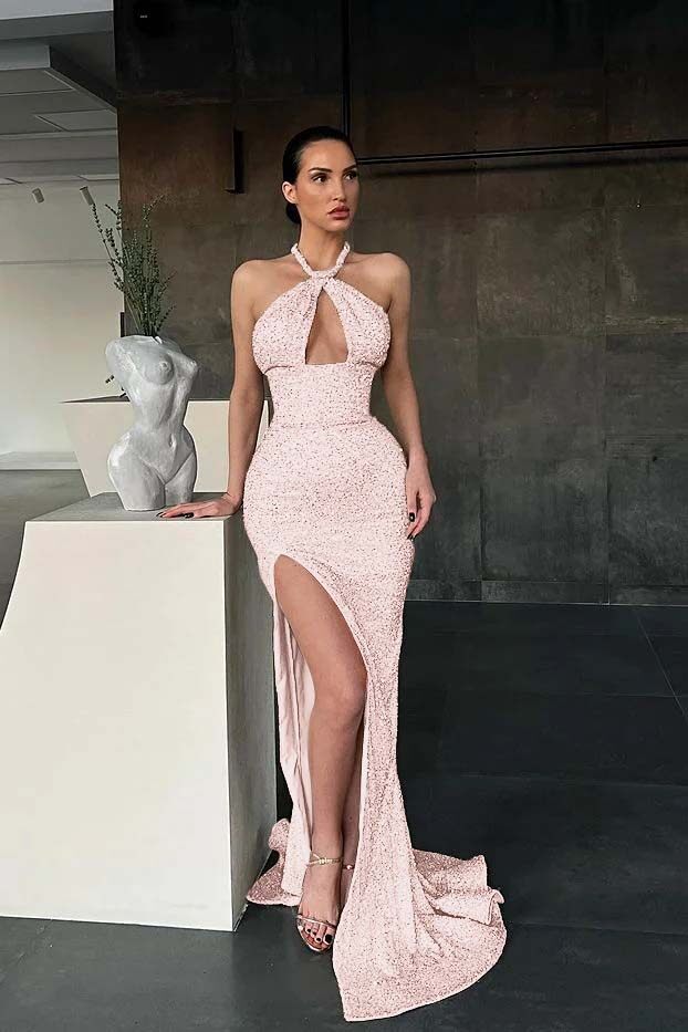 Halter Sleeveless Long Mermaid Prom Dress With Split Sequins