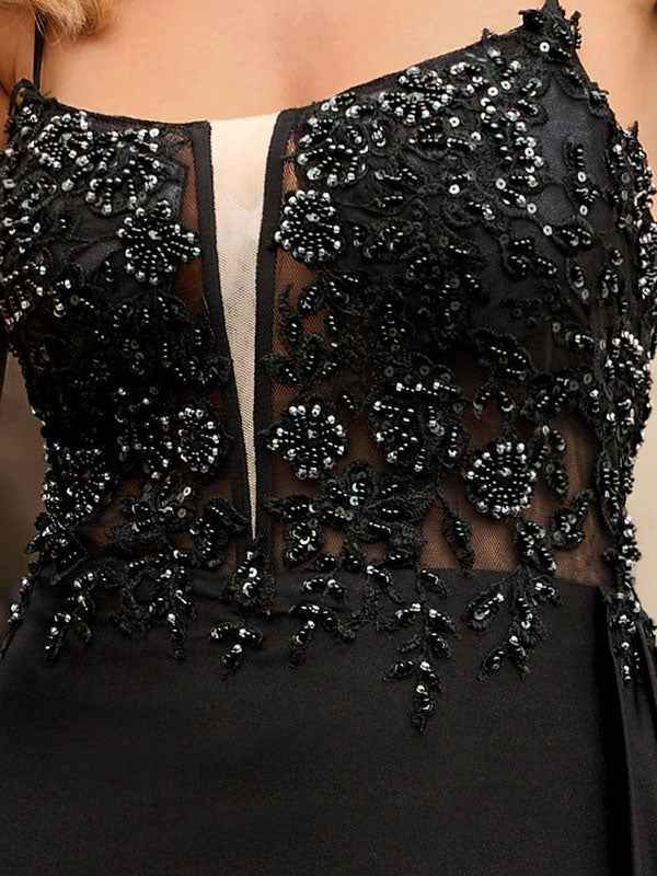 Black Mermaid Spaghetti Straps Long Appliqued Prom Dress With Slit