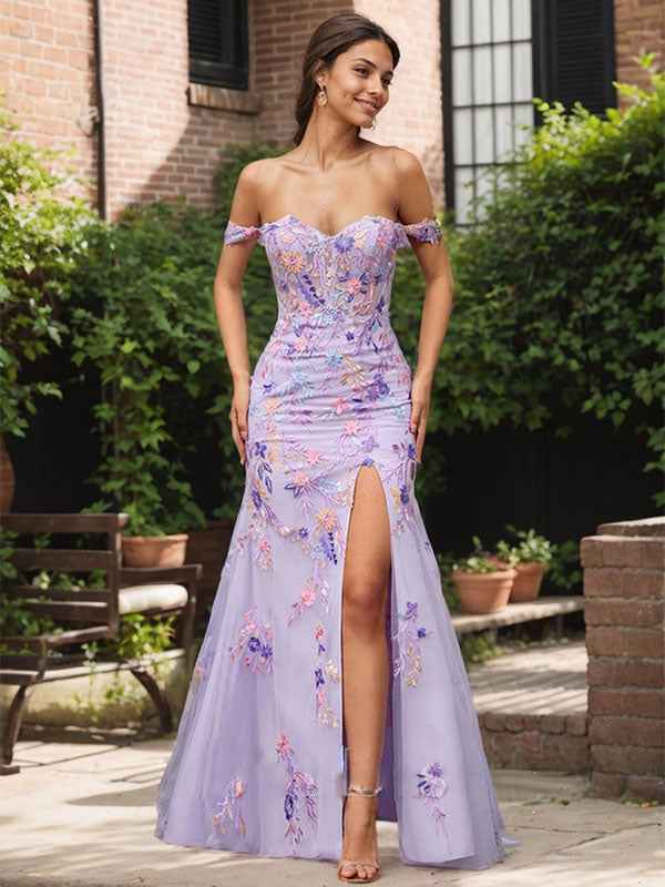 Purple Floral Mermaid  Off the Shoulder Long Prom Dress With Slit