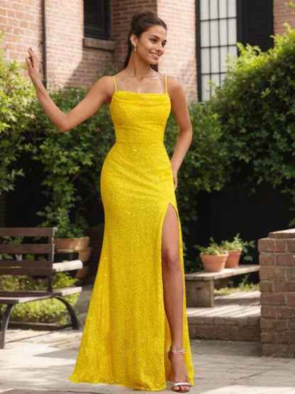 Radiant Daffodil Spaghetti Strap Sequin Gown with High Slit