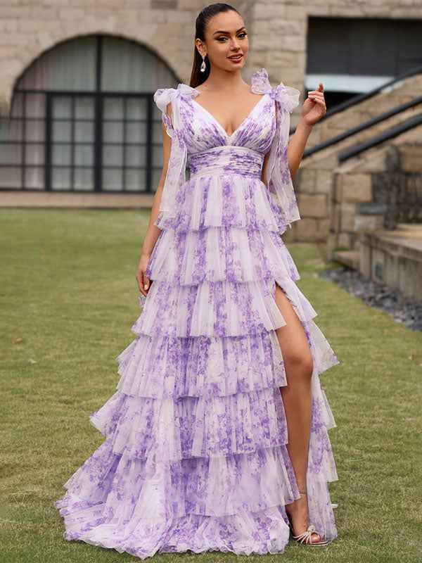 Purple Floral A Line V Neck Long Pleated Prom Dress With Slit