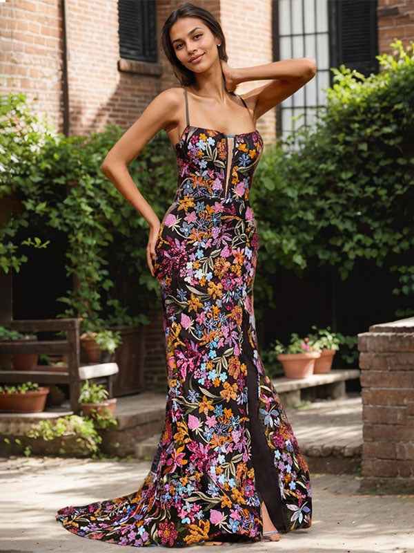 Black Floral Mermaid V-Neck Corset Long Prom Dress With Sequins Slit