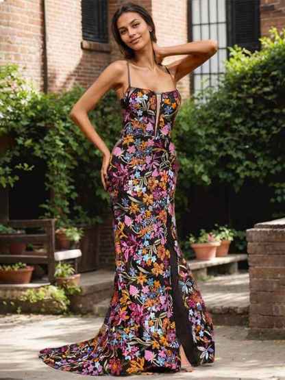 Black Floral Mermaid V-Neck Corset Long Prom Dress With Sequins Slit