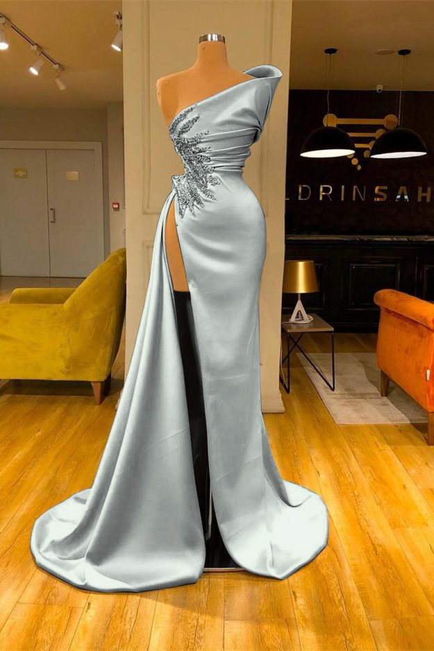 Sky Blue Mermaid One Shoulder Sleeveless Long Split Prom Dress With Beadings