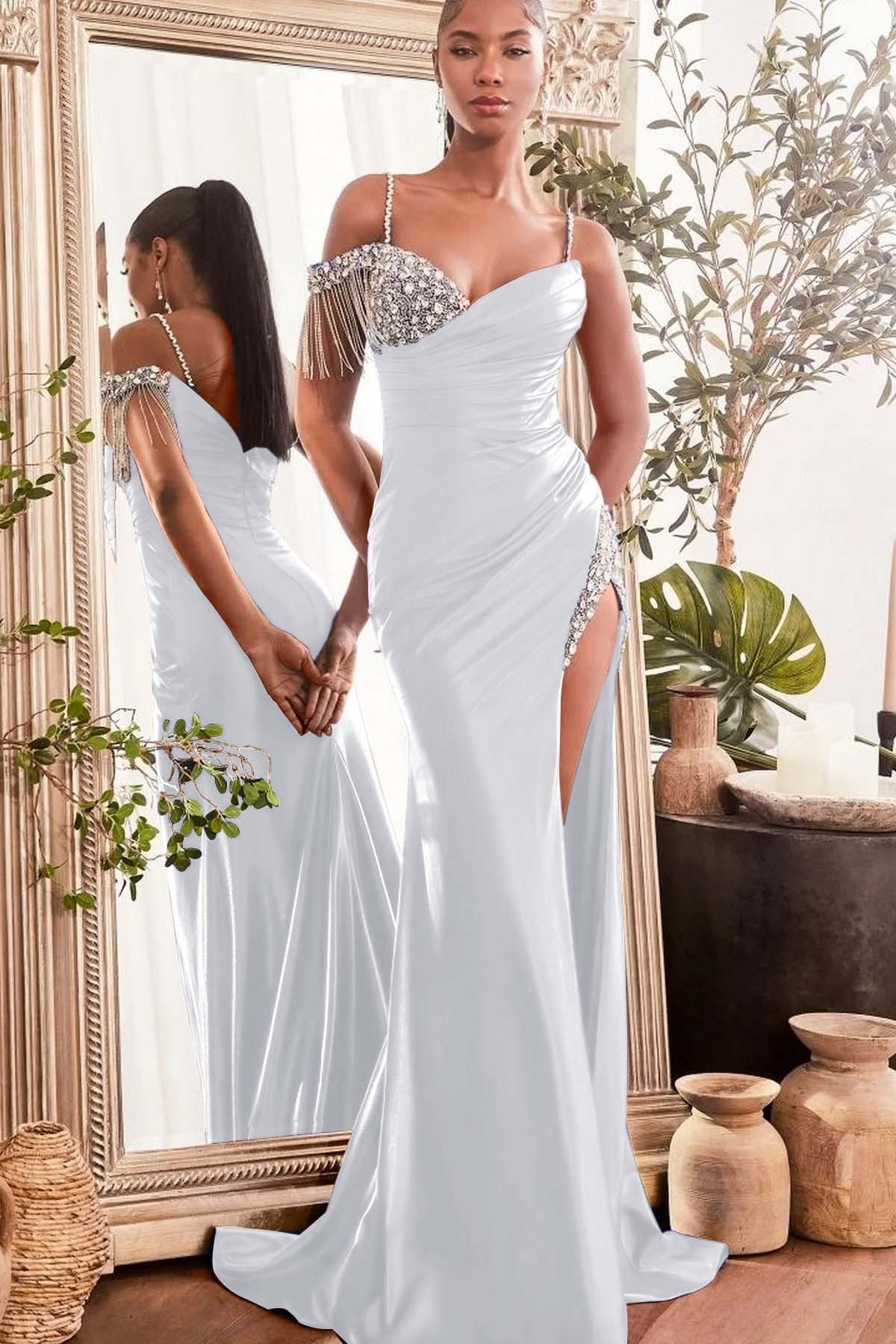 Spaghetti Strap Sleeveless Split Long Mermaid Prom Dress With Beading