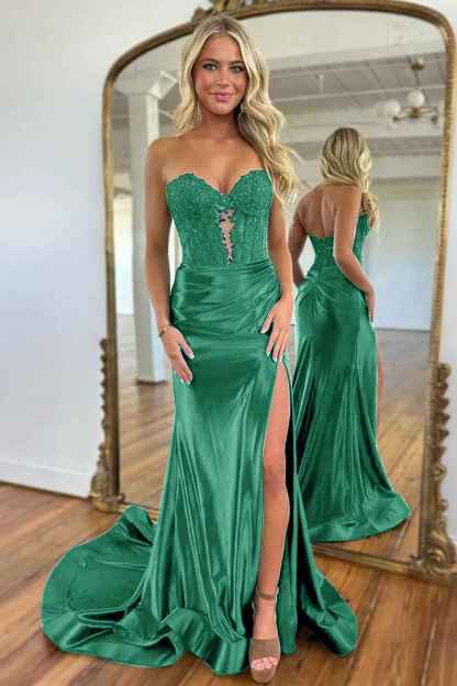 Navy Mermaid Sweetheart Long Corset Prom Dress with Slit
