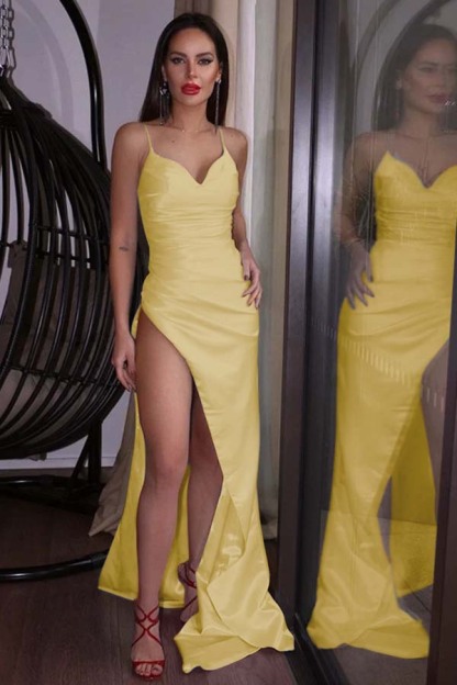 Spaghetti Strap Sleeveless Prom Dress With High Split Pleated