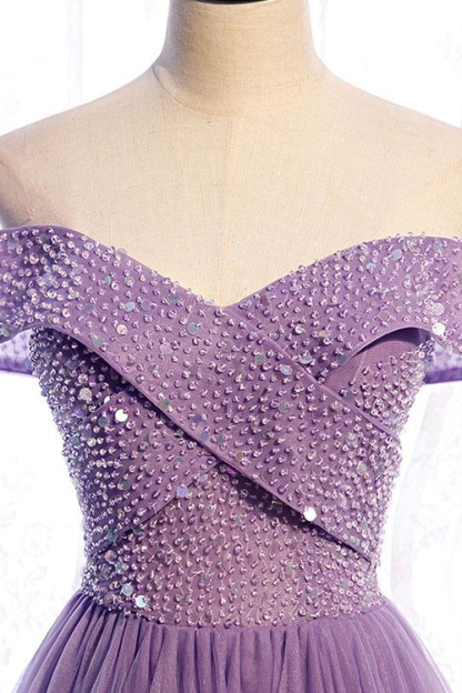 Purple Sequins Sleeveless A Line Long Prom Dress With Off the Shoulder