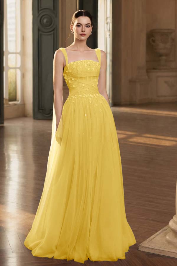 Stunning Tulle Straps Sleeveless Long Prom Dress With Beading