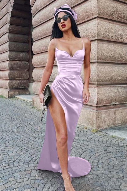 Burgundy Long Spaghetti Strap Sleeveless Prom Dress With Split