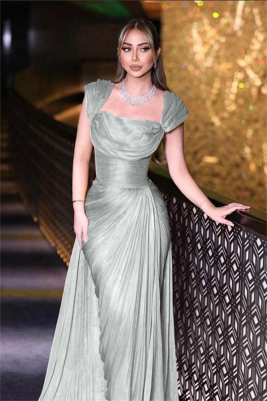 Daffodils Square Neck Sleeveless High Waist Long Pleated Prom Dress With Split