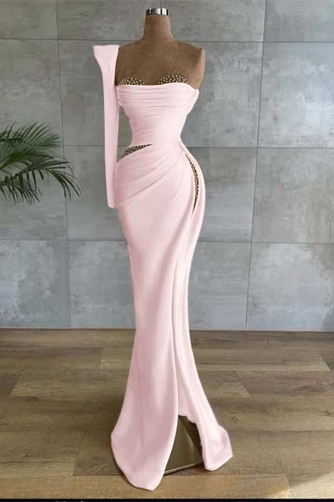 One Shoulder Long Sleeve Long High Split Prom Dress With Beading