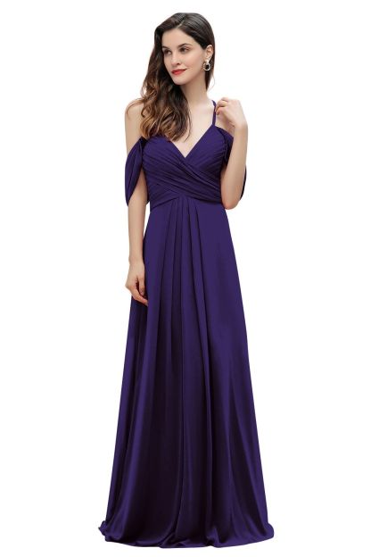 Elegant A-line Off-the-Shoulder V-neck Ruched Long Bridesmaid Dress-BMbridal