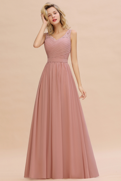 BMbridal Elegant V-Neck Ruffle Dusty Rose Chiffon Lace Bridesmaid Dresses Online-BMbridal