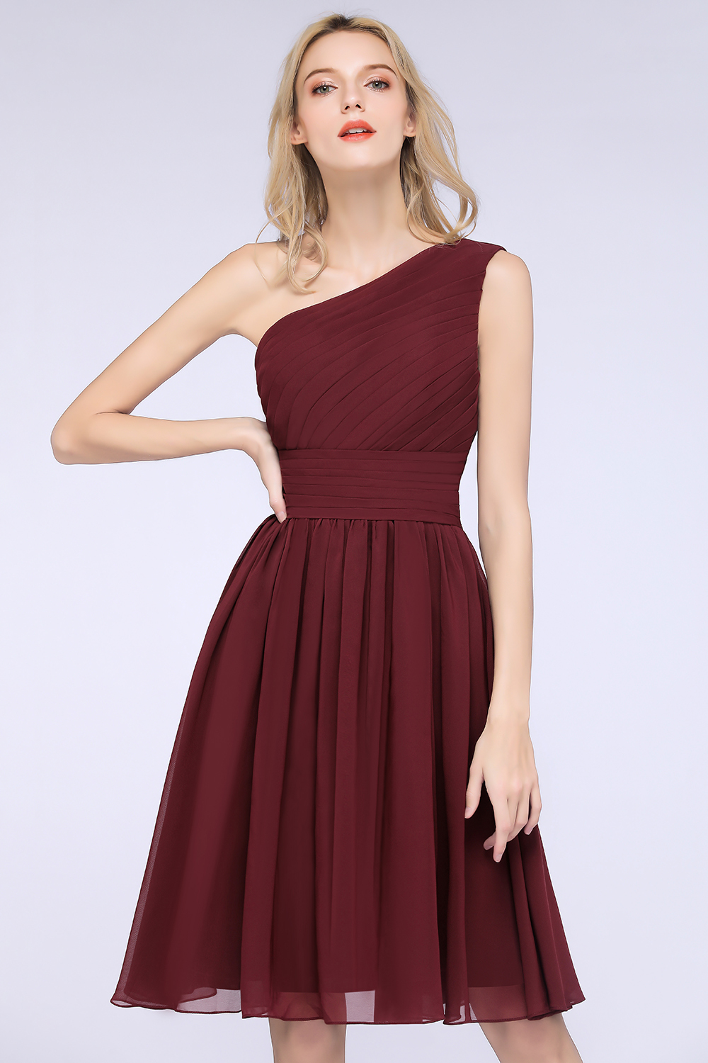 BMbridal Chiffon One Shoulder Ruffle Short Burgundy Bridesmaid Dresses Online-BMbridal