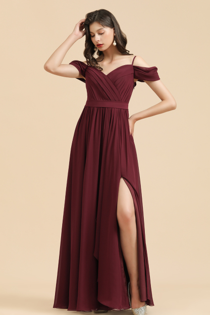 Off-the-Shoulder Sweetheart Burgundy Long Bridesmaid Dress With Slit-BMbridal