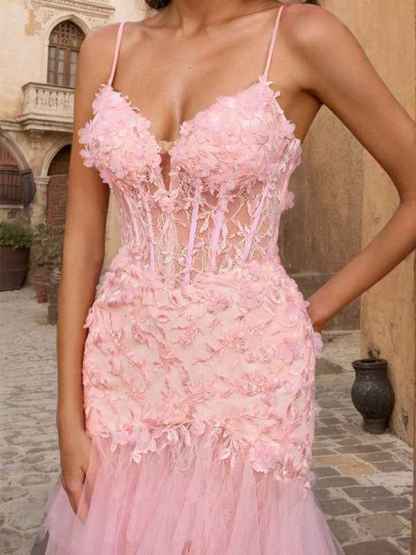 Pink Sheath V-Neck Corset Tiered Long Prom Dress With Beading Slit