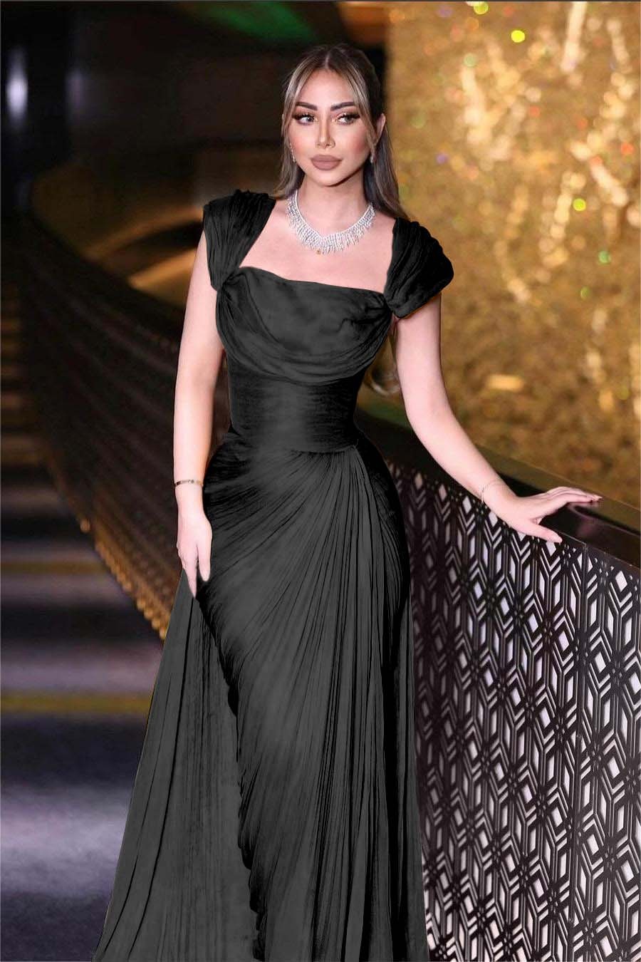 Daffodils Square Neck Sleeveless High Waist Long Pleated Prom Dress With Split