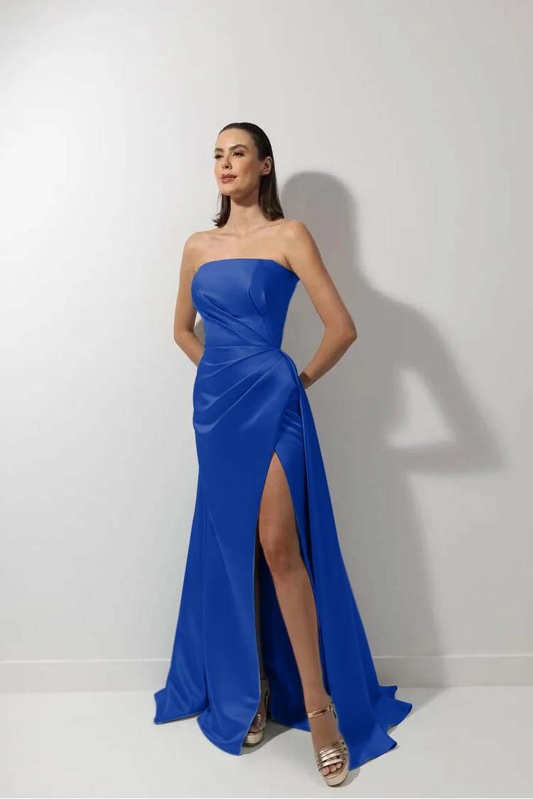Strapless Sleeveless Long Mermaid Prom Dress With High Split Ruffles
