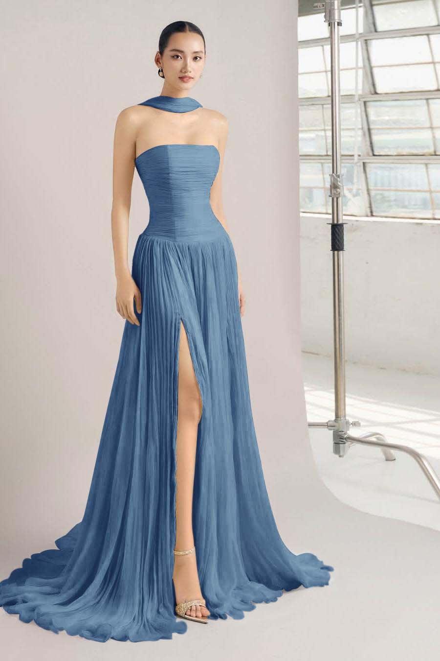 Strapless Sleeveless Long Split Prom Dress With Pleated Ruffles