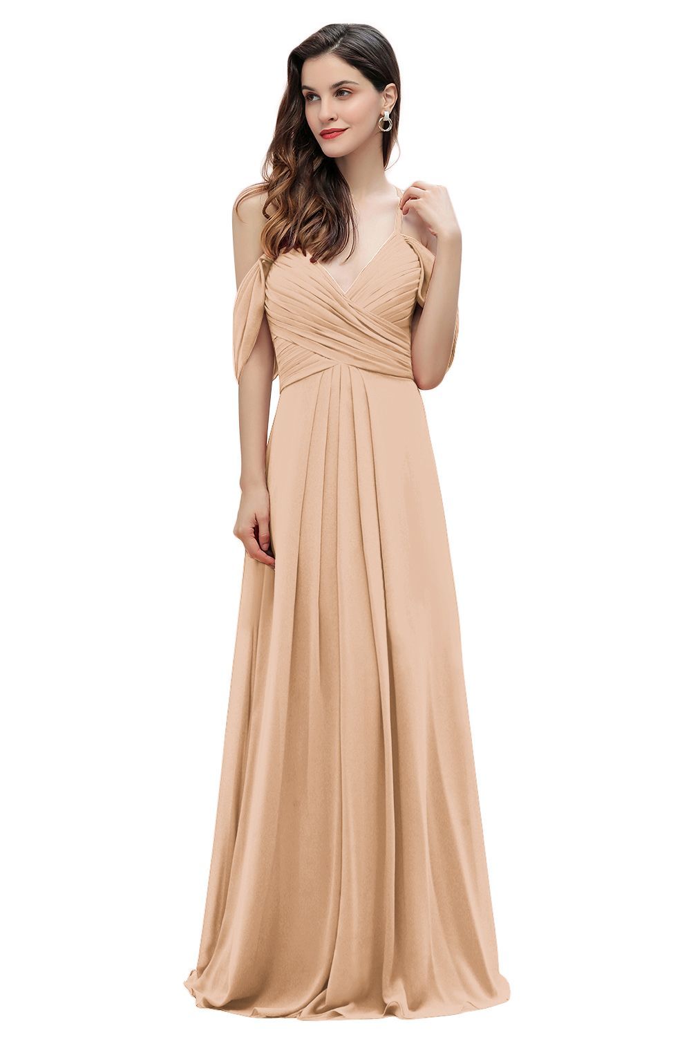 Elegant A-line Off-the-Shoulder V-neck Ruched Long Bridesmaid Dress-BMbridal