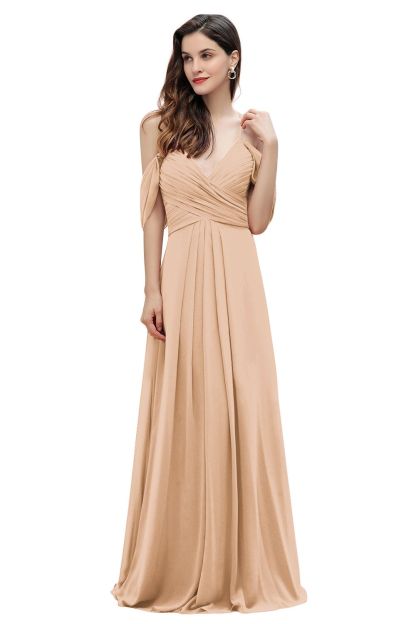 Elegant A-line Off-the-Shoulder V-neck Ruched Long Bridesmaid Dress-BMbridal