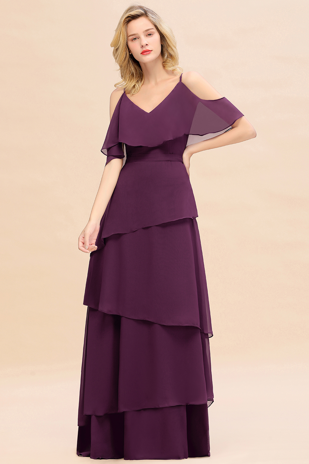 BMbridal Chic Cold-Shoulder Layers Grape Chiffon Bridesmaid Dress Affordable-BMbridal