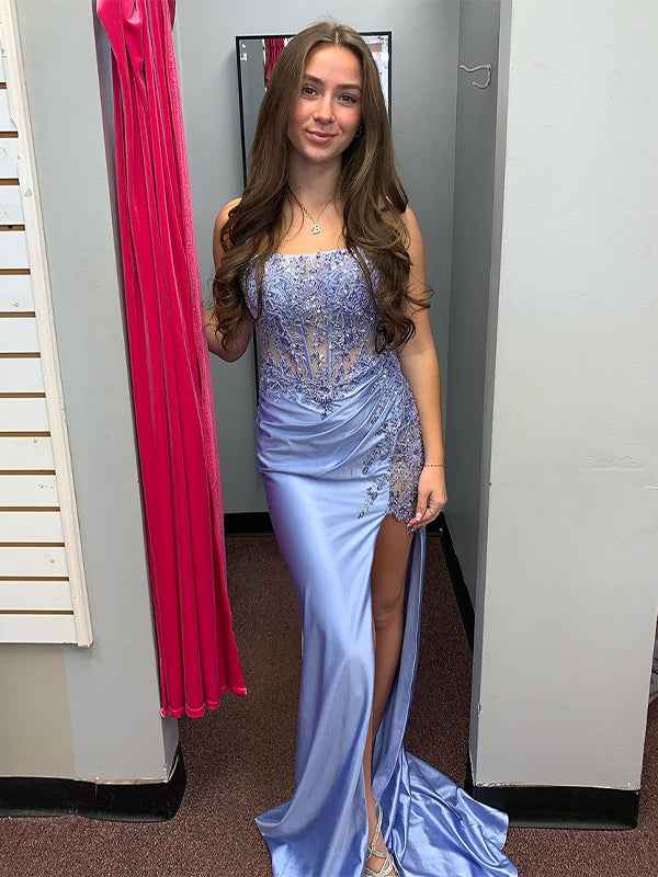 Grey Blue Strapless Satin Mermaid Applique Long Prom Dress with Slit
