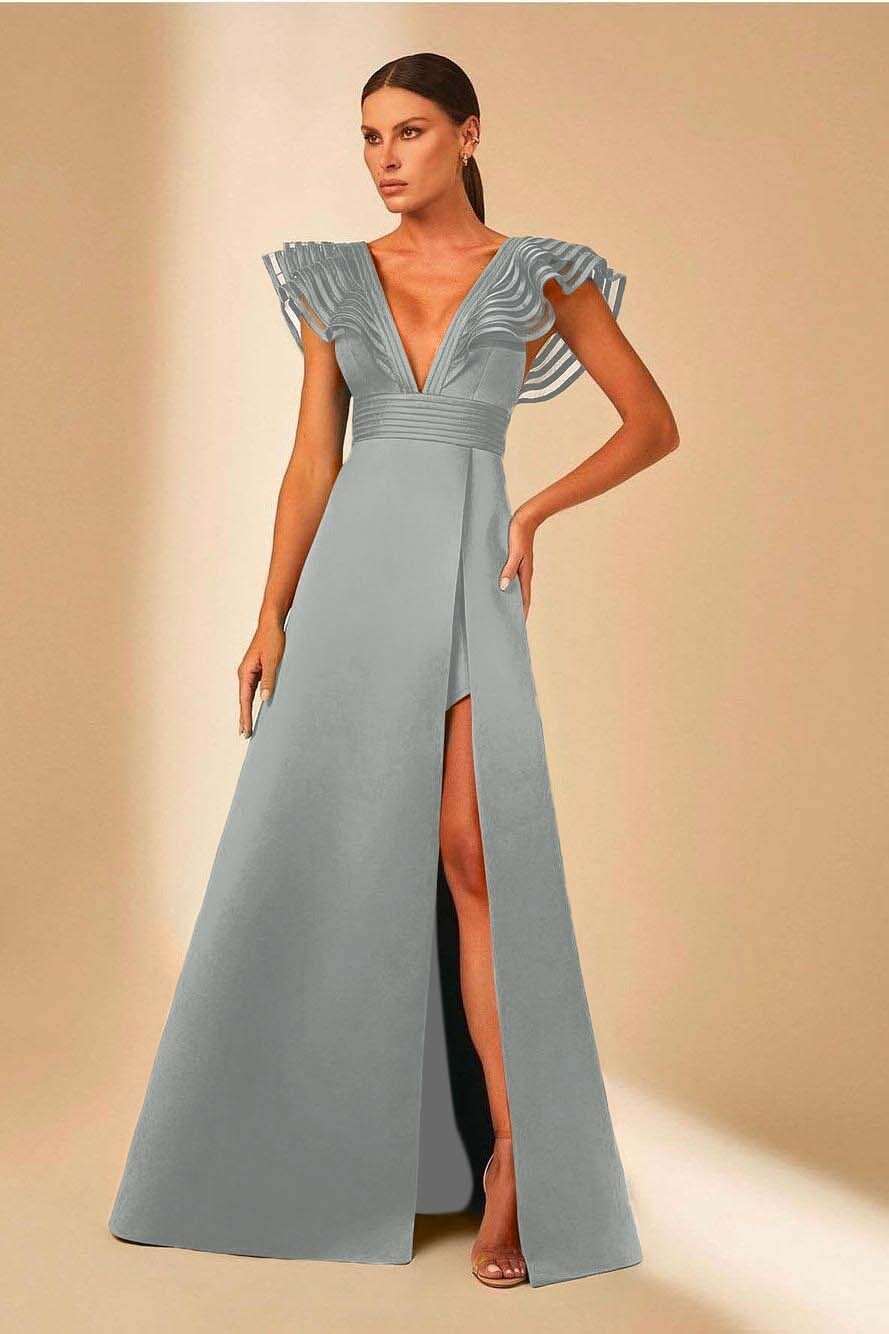 Deep V Neck Sleeveless A Line Long Prom Dress With Front Split