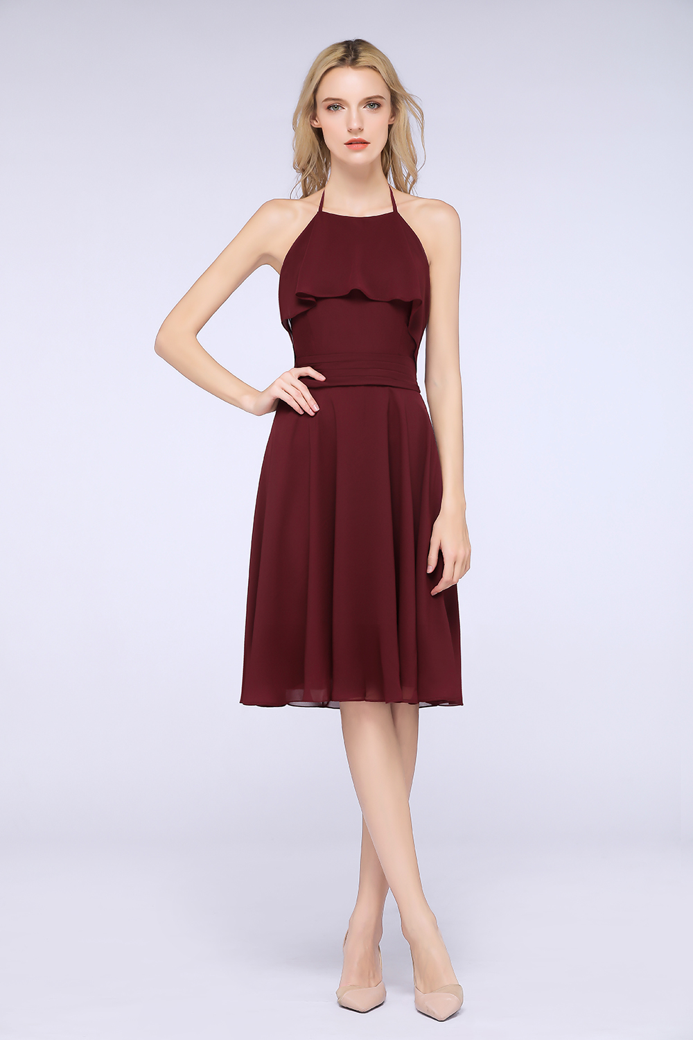 BMbridal Gorgeous Halter Sleeveless Chiffon Short Bridesmaid Dress with Ruffle-BMbridal