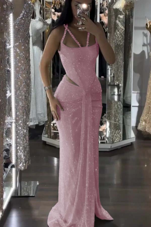 Straps Sleeveless Long Mermaid Prom Dress With Sequins Pleated