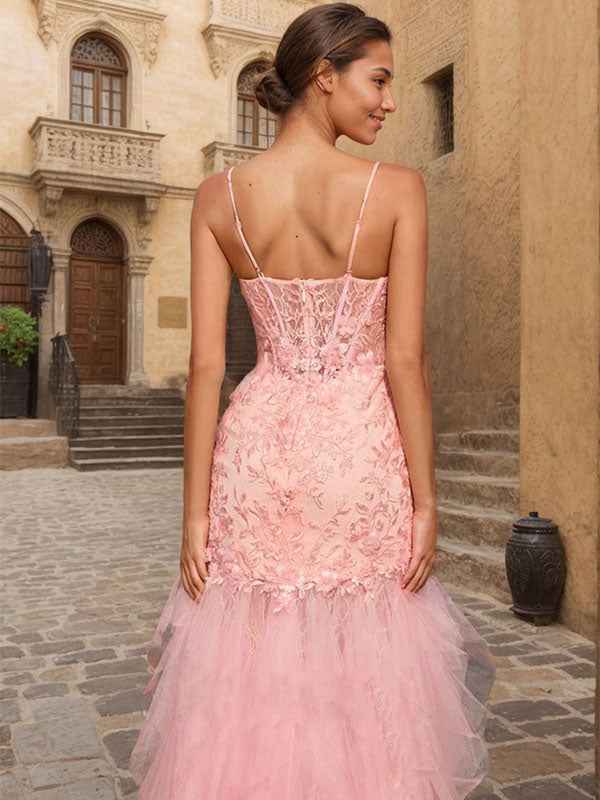 Pink Sheath V-Neck Corset Tiered Long Prom Dress With Beading Slit