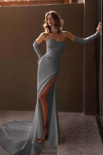 Chic Strapless Sleeveless Split Long Prom Dress With Ruffles