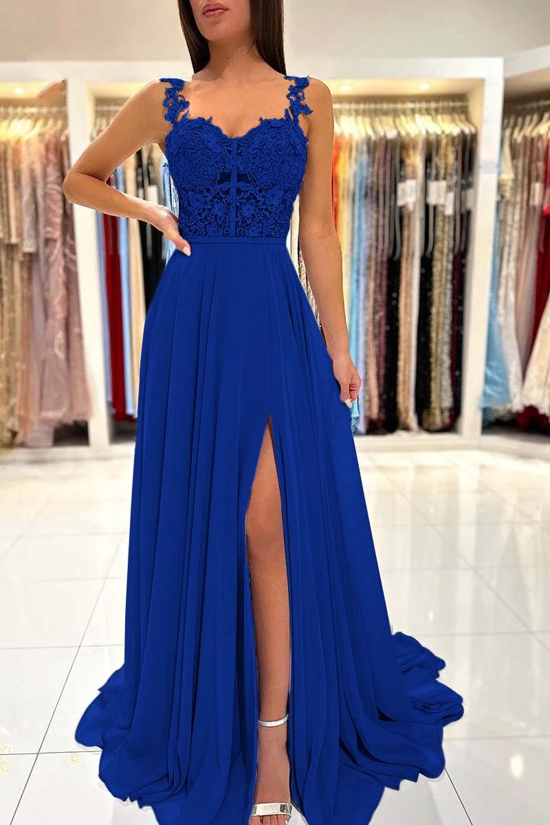 Straps Sleeveless Long A Line Split Prom Dress With Appliques