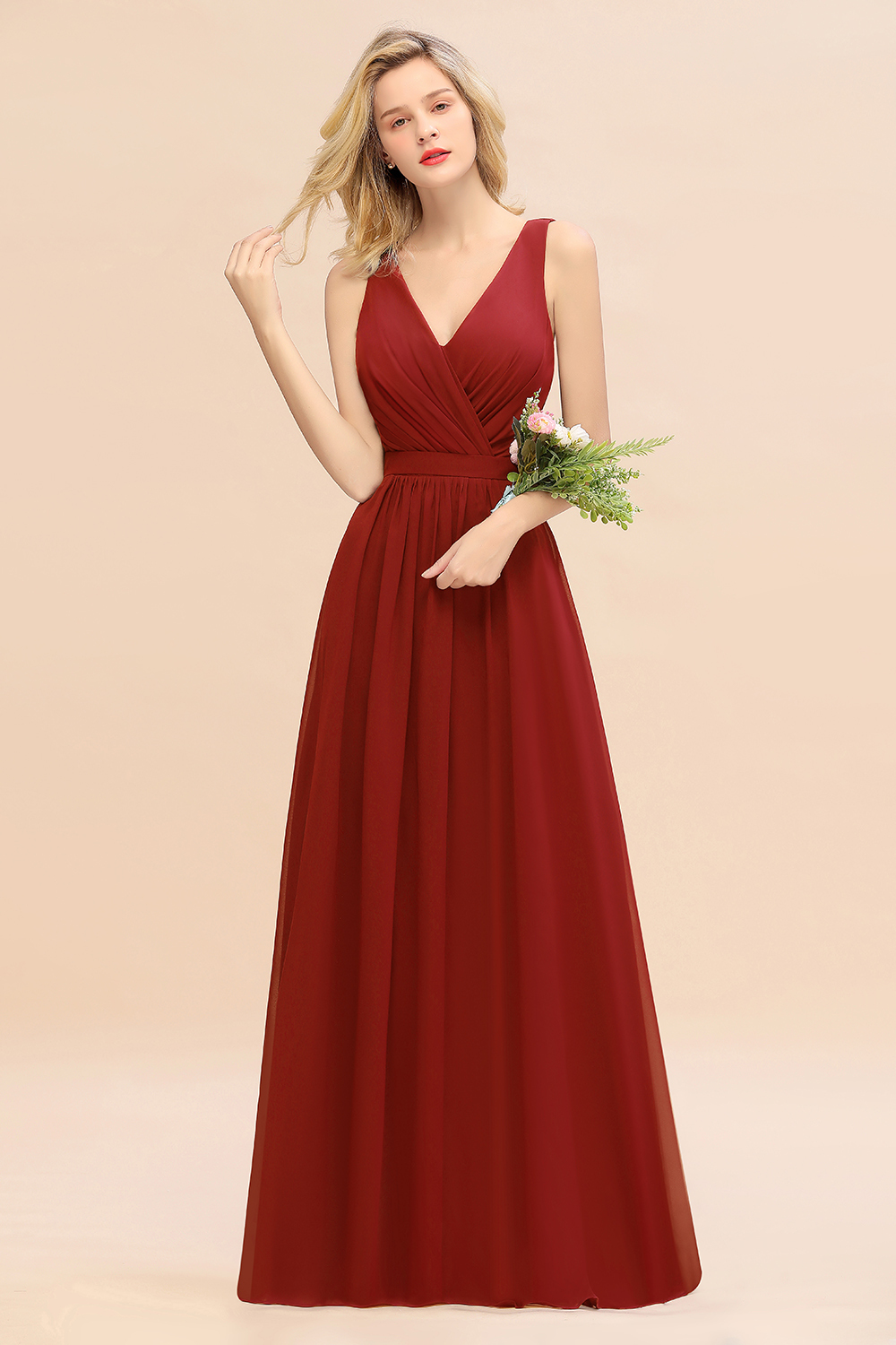 BMbridal Affordable V-Neck Ruffle Long Grape Chiffon Bridesmaid Dress with Bow-BMbridal