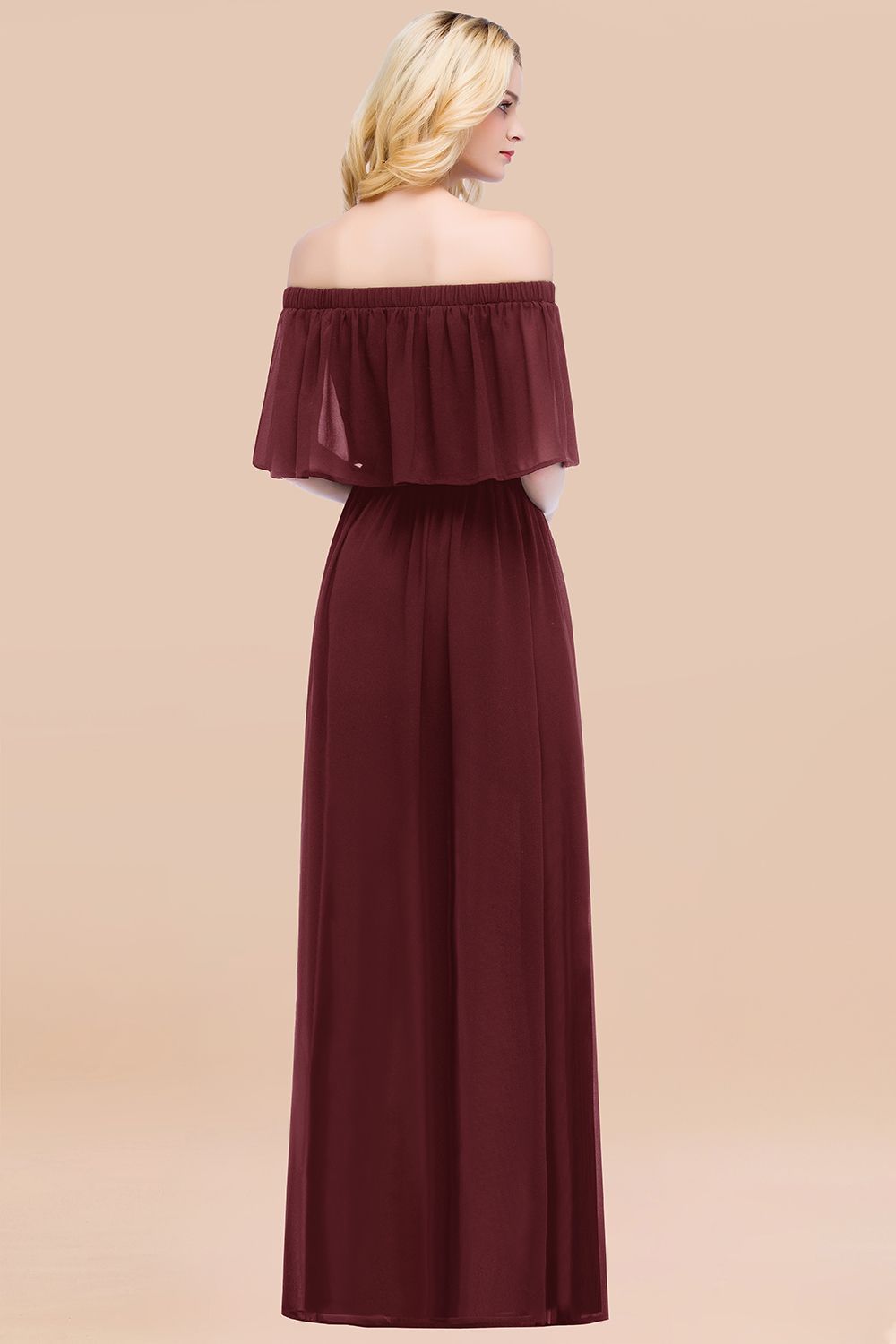 BMbridal Vintage Off-the-Shoulder Long Burgundy Bridesmaid Dress with Ruffle-BMbridal