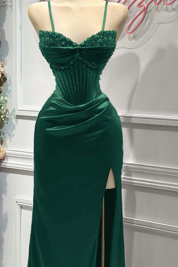 Red Spaghetti Strap Sleeveless Beading Long Prom Dress With Split