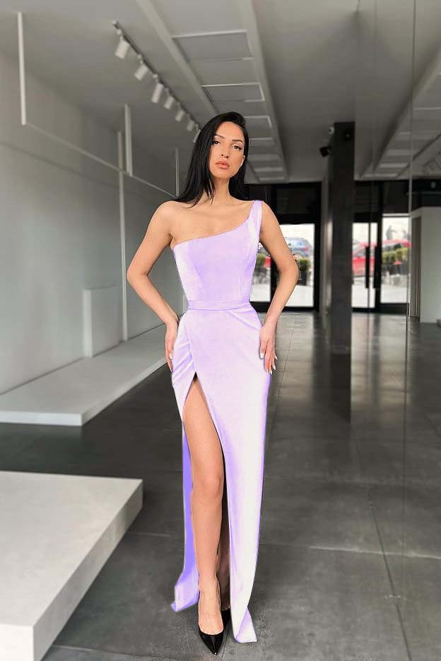 Mermaid One Shoulder Sleeveless Black Pleated Prom Dress With High Split