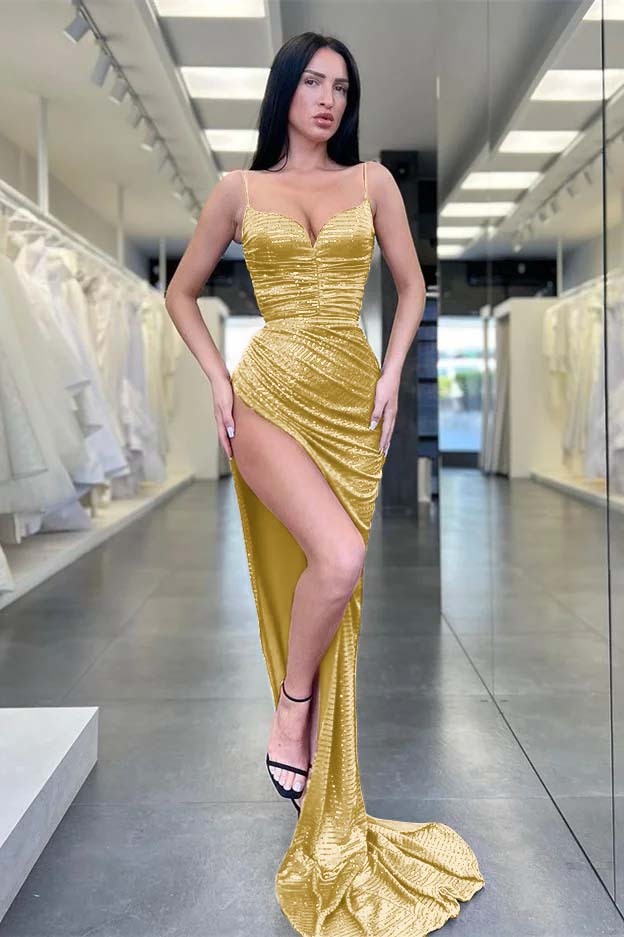 Burgundy Spaghetti Strap Sequins Sleeveless Mermaid Prom Dress With Split