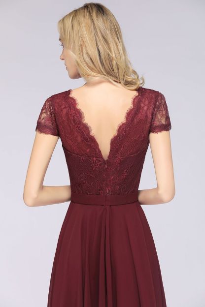 BMbridal Elegant Lace V-Neck Burgundy Bridesmaid Dress with Cap Sleeves-BMbridal
