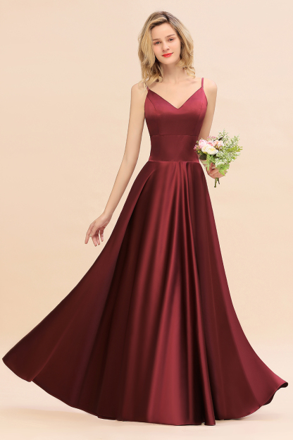 BMbridal Chic Spaghetti-Straps Burgundy Satin Long Bridesmaid Dress Online-BMbridal
