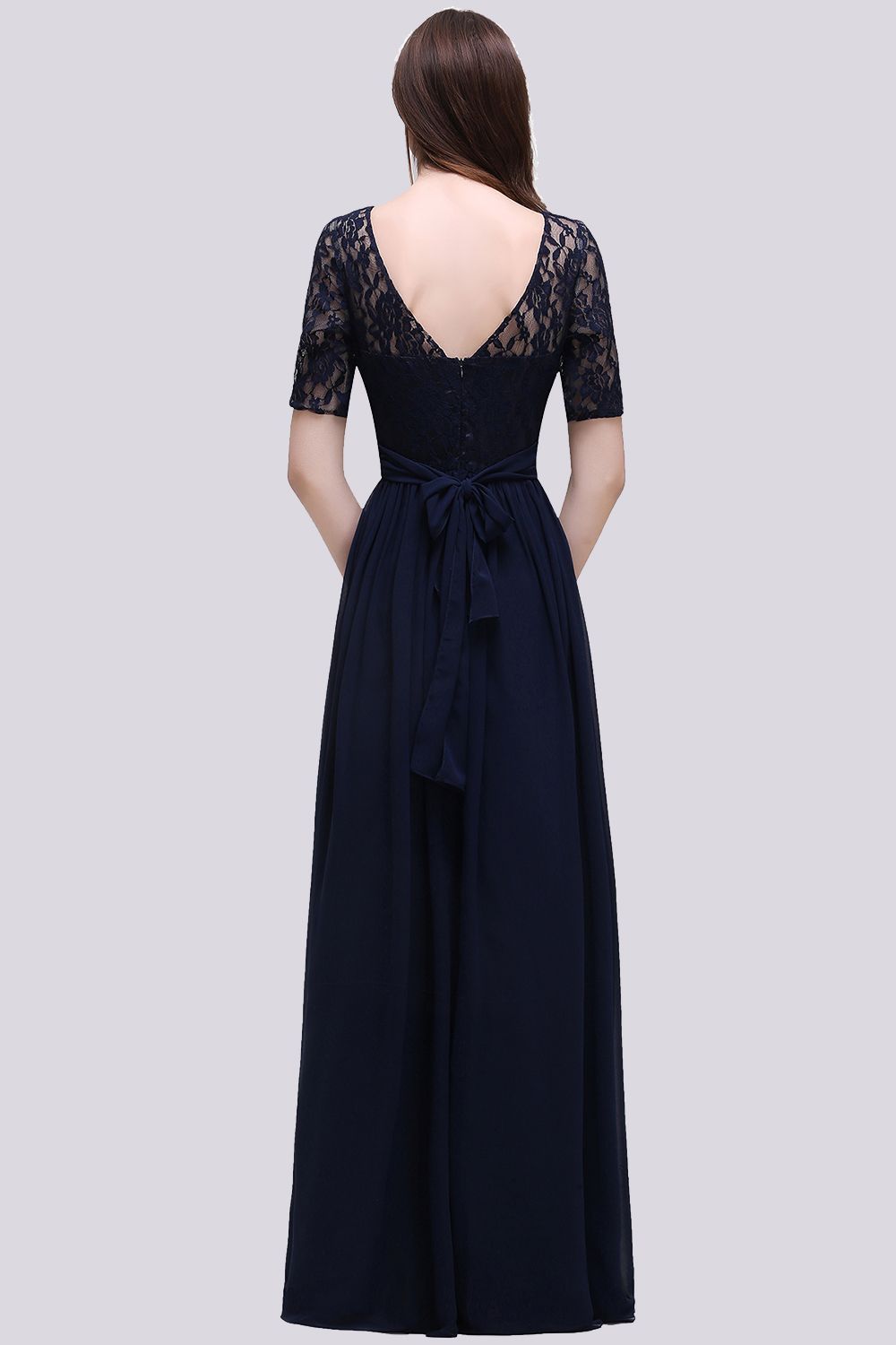 BMbridal Affordable Lace Scoop Dark Navy Bridesmaid Dresses with Half-Sleeves-BMbridal